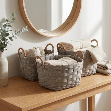 Set 3 Cesti Ced Ovali Portaoggetti in Legno di Cedro e Canapa, Contenitori Decorativi S, M, L