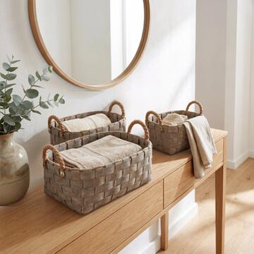 Set 3 Cesti Ced Rettangolari Portaoggetti in Legno di Cedro e Canapa, Contenitori Decorativi S, M, L