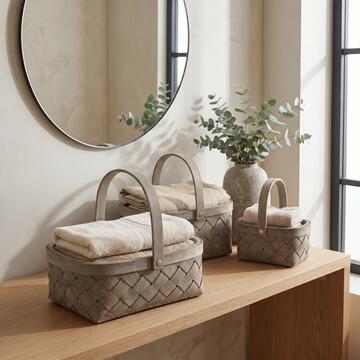 Set 3 Cesti Ced con Manico Portaoggetti in Legno di Cedro e Canapa, Contenitori Decorativi S, M, L