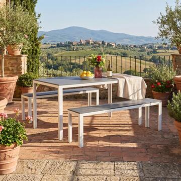 Set Blow da Esterno con Struttura in Ferro Verniciato e HDPE - Design a Doghe Effetto Legno - Bianco/Grigio - Tavolo + 2 Panche