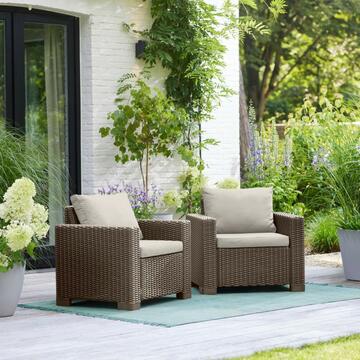 Set 2 poltrone da giardino California in rattan cappuccino con cuscini, Keter