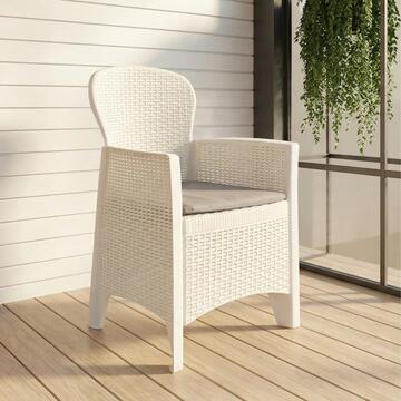 Poltrona da Giardino in Polipropilene Rattan Bianco 59x57 h85,5 cm Folia con Cuscino Imbottito