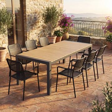 Tavolo da Esterno con Piano Allungabile Effetto Doghe Color Legno 160/240x100 h75 cm Taras in Alluminio e DPC