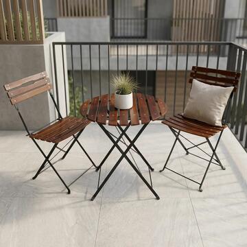 Set Bistrot Caramel con Struttura in Acciaio e Doghe in Legno - Tavolino Rotondo + 2 Sedie - per Veranda, Terrazza, Balcone, Giardino
