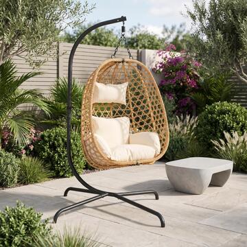 Poltrona Sospesa Nest in Vimini Natural con Telaio in Ferro Verniciato e Cuscini Waterproof Imbottiti 106x106 h186 cm