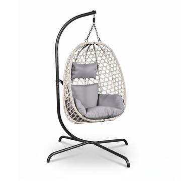 Poltrona Sospesa Nest in Vimini Grigia con Telaio in Ferro Verniciato e Cuscini Waterproof Imbottiti 106x106 h186 cm