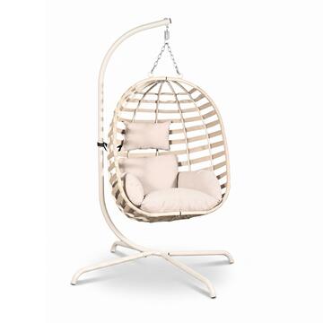 Poltrona Sospesa Coco in Fettuccia e Rattan Intrecciato Beige con Telaio in Ferro Verniciato e Cuscini Waterproof