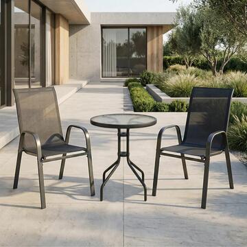 Set da Esterno 2 Poltrone + Tavolino Rotondo Girona Grigio con Struttura in Ferro Verniciato