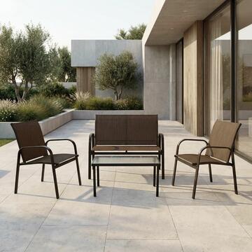 Set da Giardino 4 Posti Marrone con Struttura in Metallo Alicante - Divano 2 Posti + 2 Poltrone + Tavolino