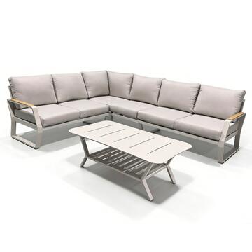 Divano Angolare SX Boyko in Alluminio Beige - Divano 6 Posti + Tavolino - per Interno ed Esterno - con Cuscini Sfoderabili Beige