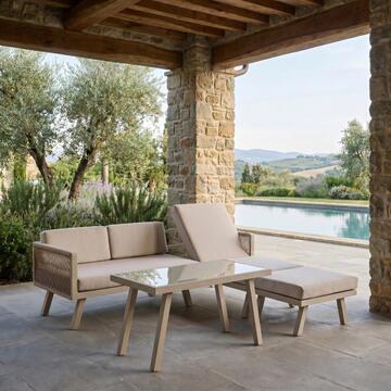 Set Divano Darko 3 Posti con Chaise Longue + Tavolino Beige in Ferro Verniciato con Cuscini Waterproof Sfoderabili