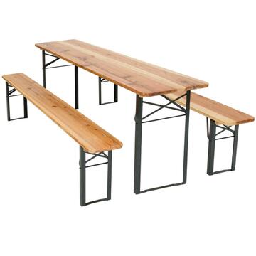 Set Birreria Tavolo + 2 Panche 220x50cm con Piano di Legno e Struttura in Acciaio Facilmente Riponibile