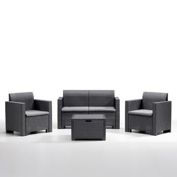 Salottino arredo esterno bar Nebraska con 1 sofa 2 poltrone e 1 tavolino in rattan grafite, Bica Marino fa Mercato