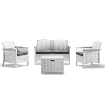 Set da Esterno Venezia Divanetto 2 Posti + 2 Poltrone + Tavolino Contenitore in Polipropilene Effetto Rattan Waterproof Bianco