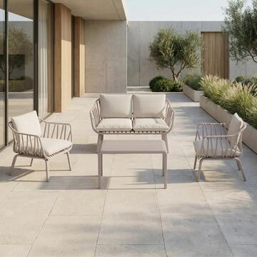 Set da Giardino 4 Posti in Polipropilene Anti-UV Tortora Osmanto - Divano 2 Posti + 2 Poltrone + Tavolino - con Cuscini Sfoderabili