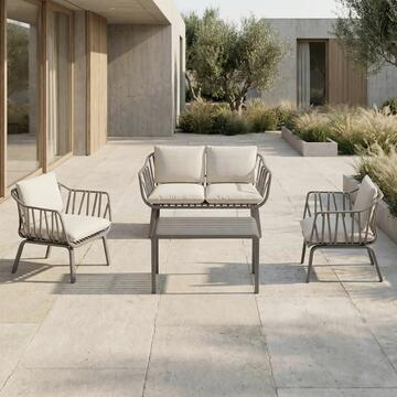 Set da Giardino 4 Posti in Polipropilene Anti-UV Antracite Osmanto - Divano 2 Posti + 2 Poltrone + Tavolino - con Cuscini Sfoderabili