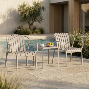 Set da Esterno Moderno 2 Posti in Polipropilene Tortora Anti-UV Viburno - 2 Sedie + Tavolino